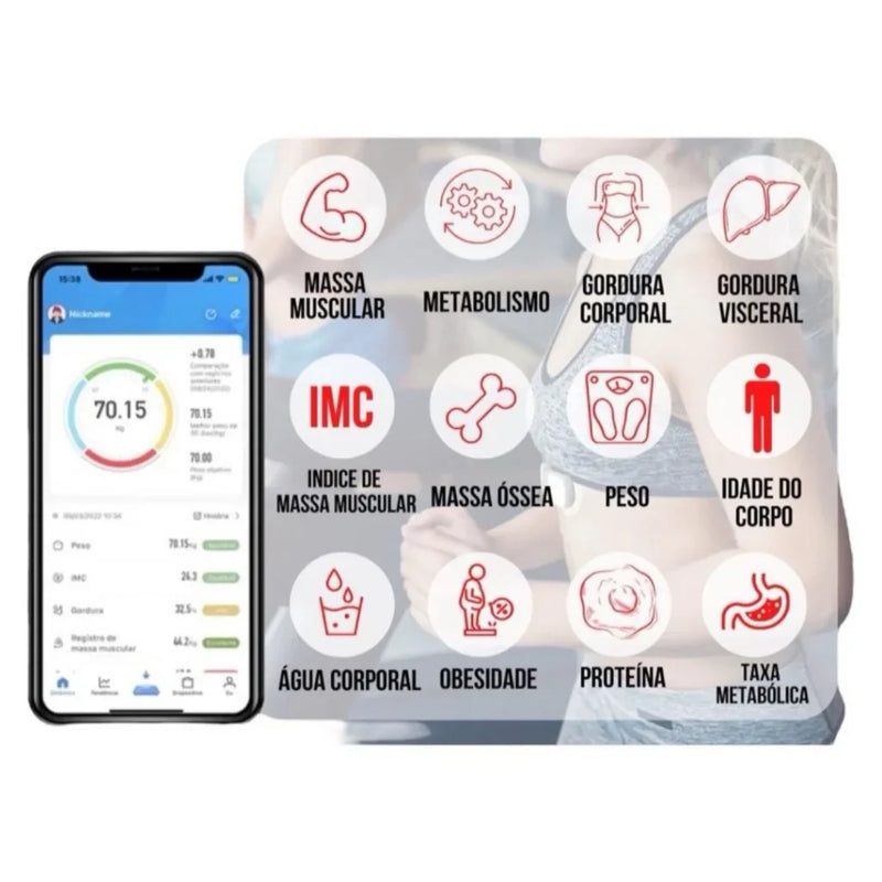 Balança Inteligente Bluetooth com Bioimpedância – Resultados no Celular e Suporte para até 180kg