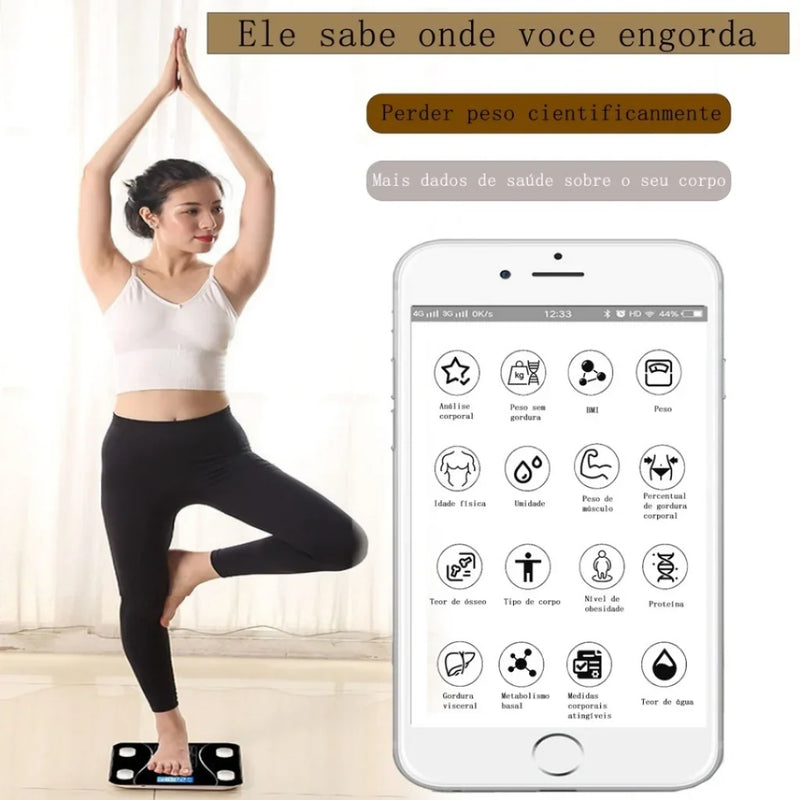 Balança Inteligente Bluetooth com Bioimpedância – Resultados no Celular e Suporte para até 180kg