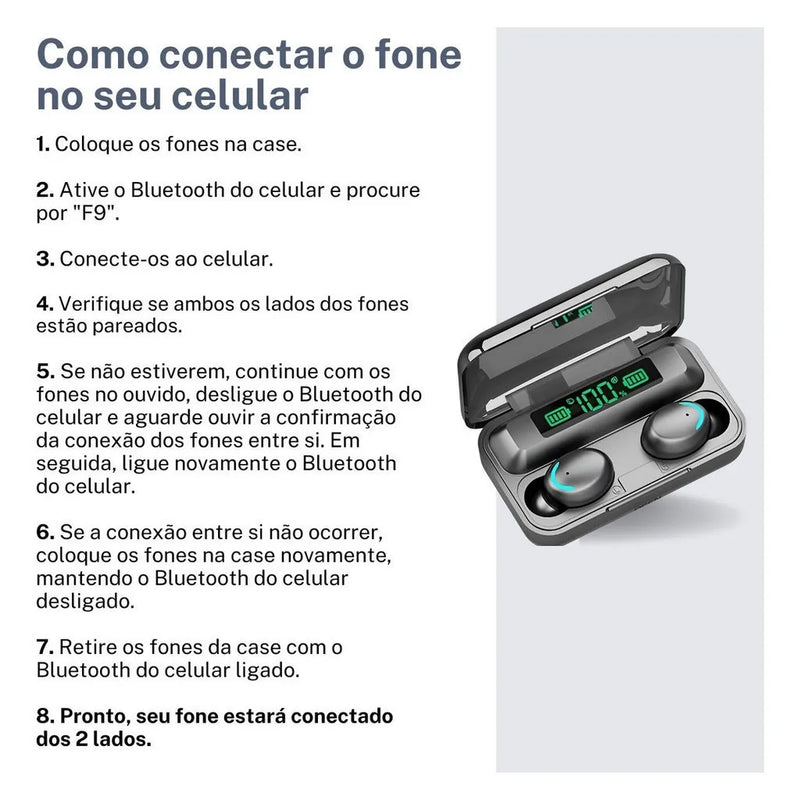 Fone Bluetooth TWS F9-5 – Som Imersivo, Power Bank e Resistência à Água