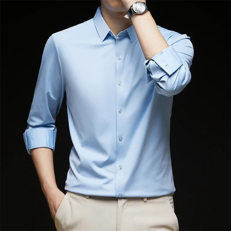 Camisas elásticas de manga comprida masculina, slim fit, anti-rugas, social, blusa de negócios, vestido, 6XL, novo