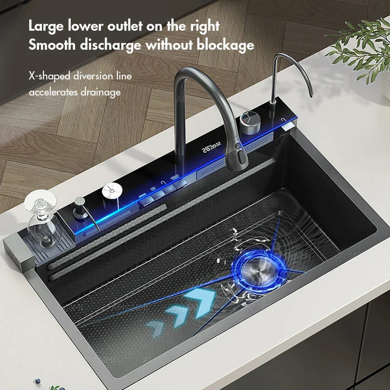 Pia de cozinha cascata de aço inoxidável, grande slot único, display digital integrado, conjunto de torneira, dispensador de sabão, copo, lavadora