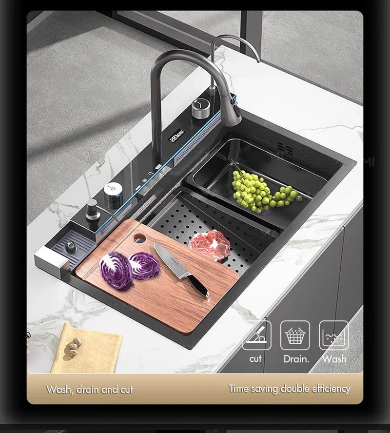 Pia de cozinha cascata de aço inoxidável, grande slot único, display digital integrado, conjunto de torneira, dispensador de sabão, copo, lavadora