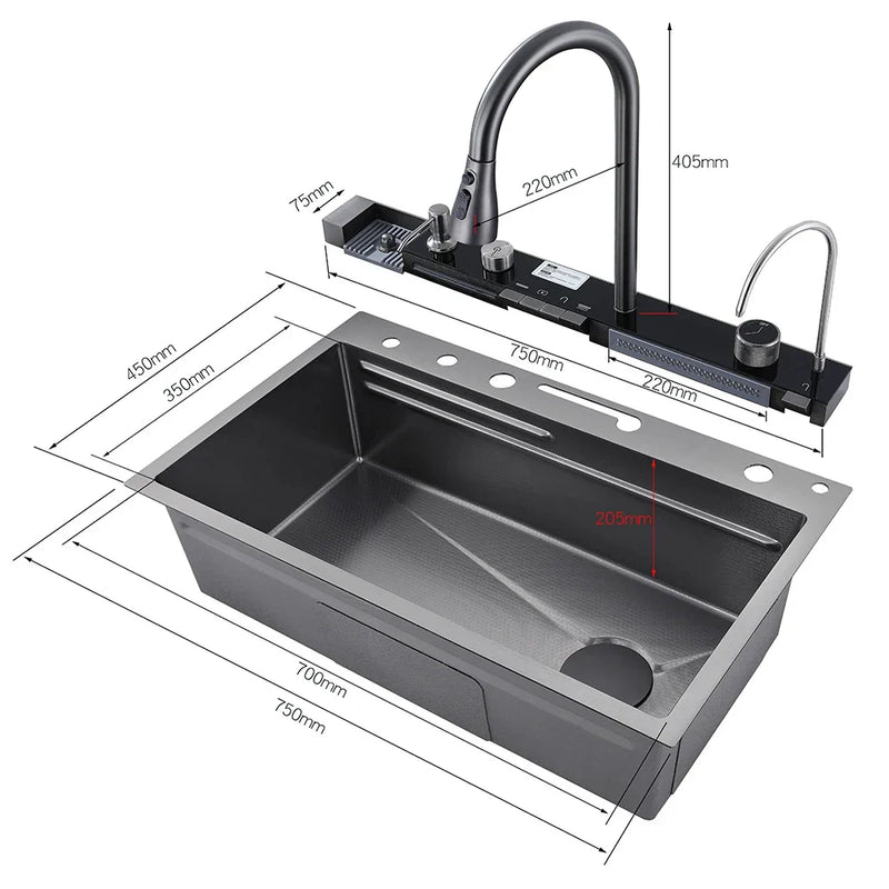 Pia de cozinha cascata de aço inoxidável, grande slot único, display digital integrado, conjunto de torneira, dispensador de sabão, copo, lavadora